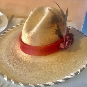 Vintage style cowgirl summer riding hat red suede wild bird chamois laced